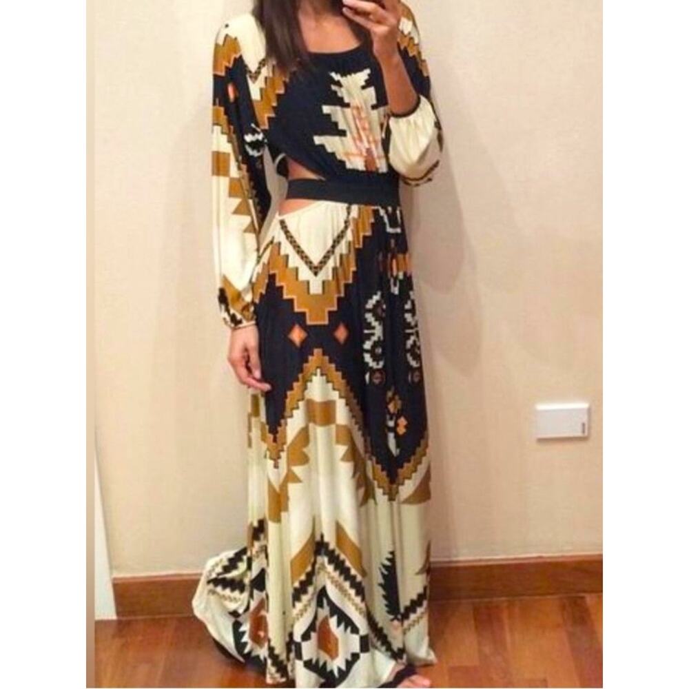 FARM Rio Cream, Black & Mustard Geometric Maxi Dress